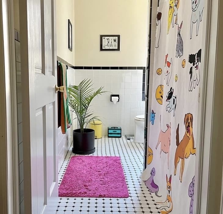 bathroom with dog shower curtain