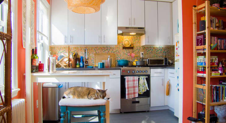 Kitchen with white cabinets and cat resting on a stool