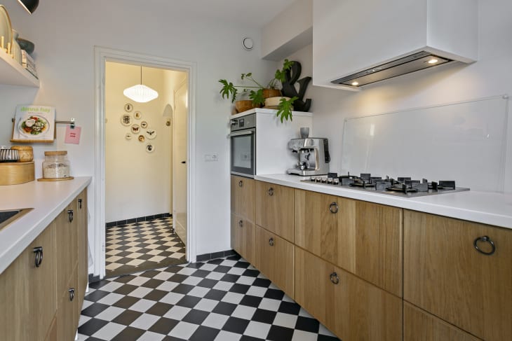 Checkered floor in kitchen and hallway