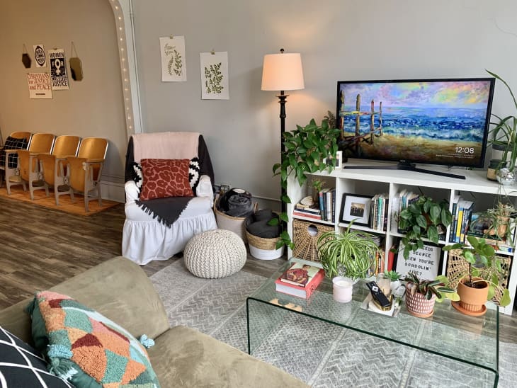 Living room with ran couch, glass coffee table, and tv on a book stand filled with plants