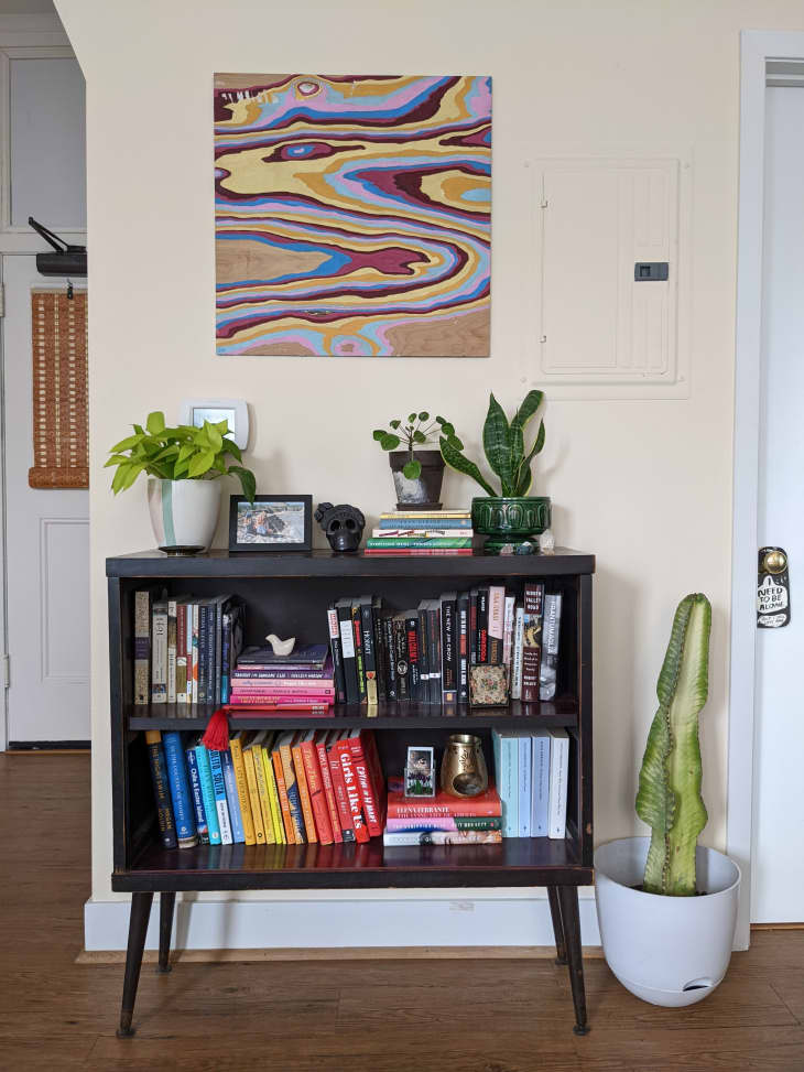 Bookshelf next to plants and art