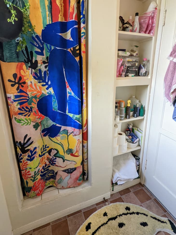 A colorful shower curtain with a painting printed on it next to a closet