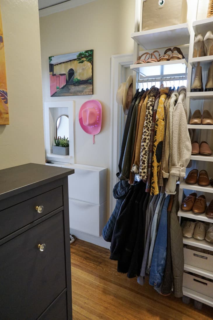 A closet, dresser, and shoe closet in the entryway