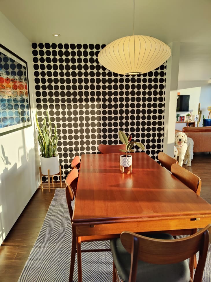 A dining room with a brown table and black and white accent wall