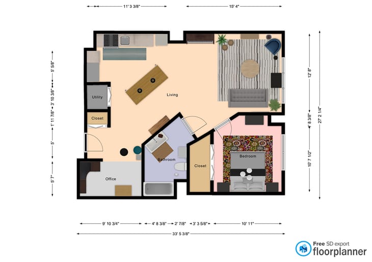 Floor plan of a one bedroom apartment.