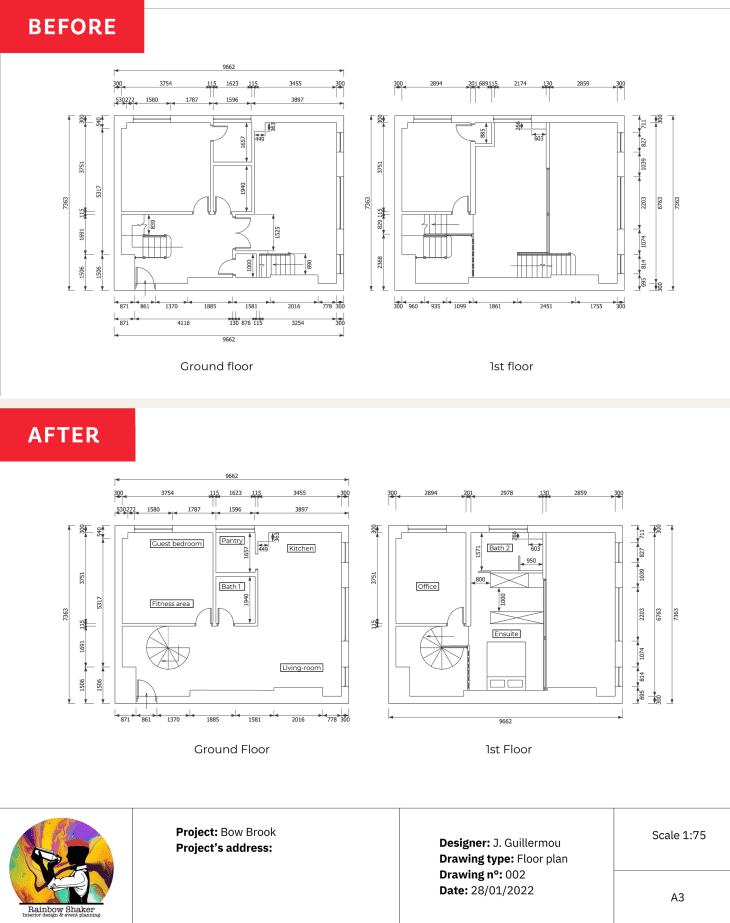 Initial, and then current floor plan for a house that's been renovated
