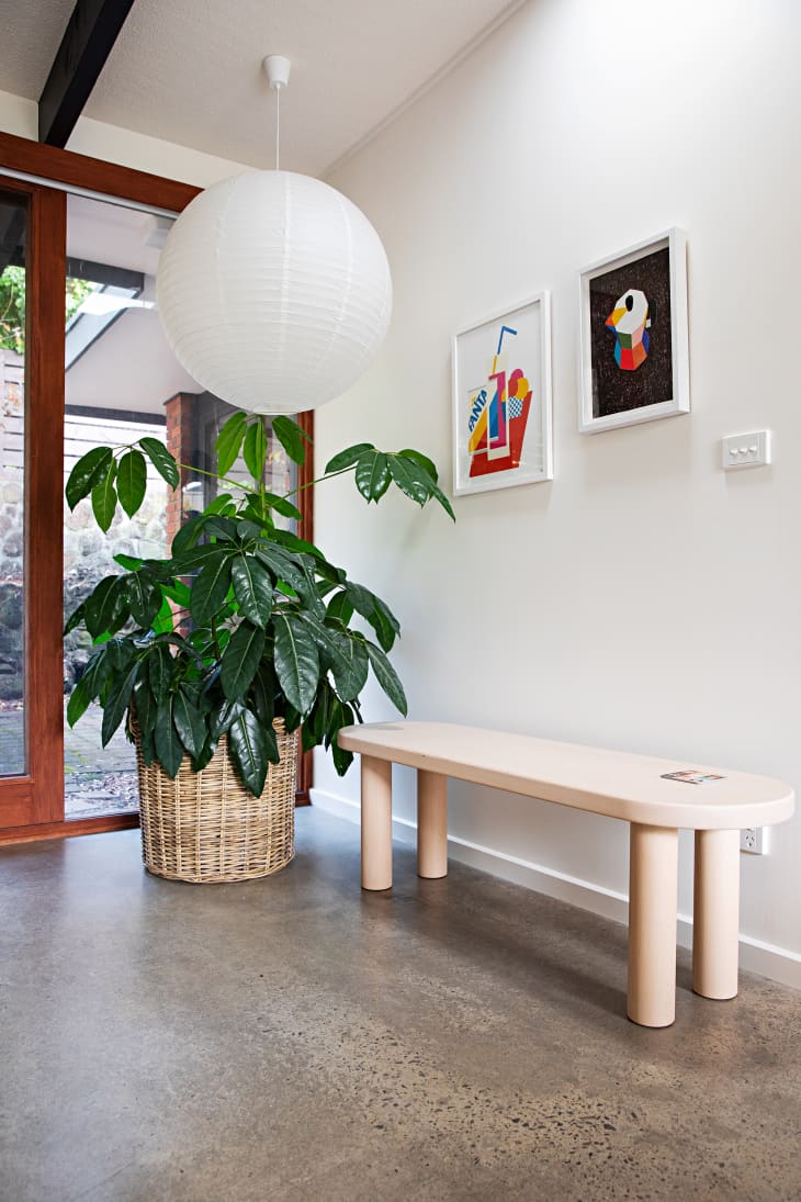 entry area with pale wood bench, large plant/tree in basket, large white paper lantern, white walls, framed art, large windows, wood accents