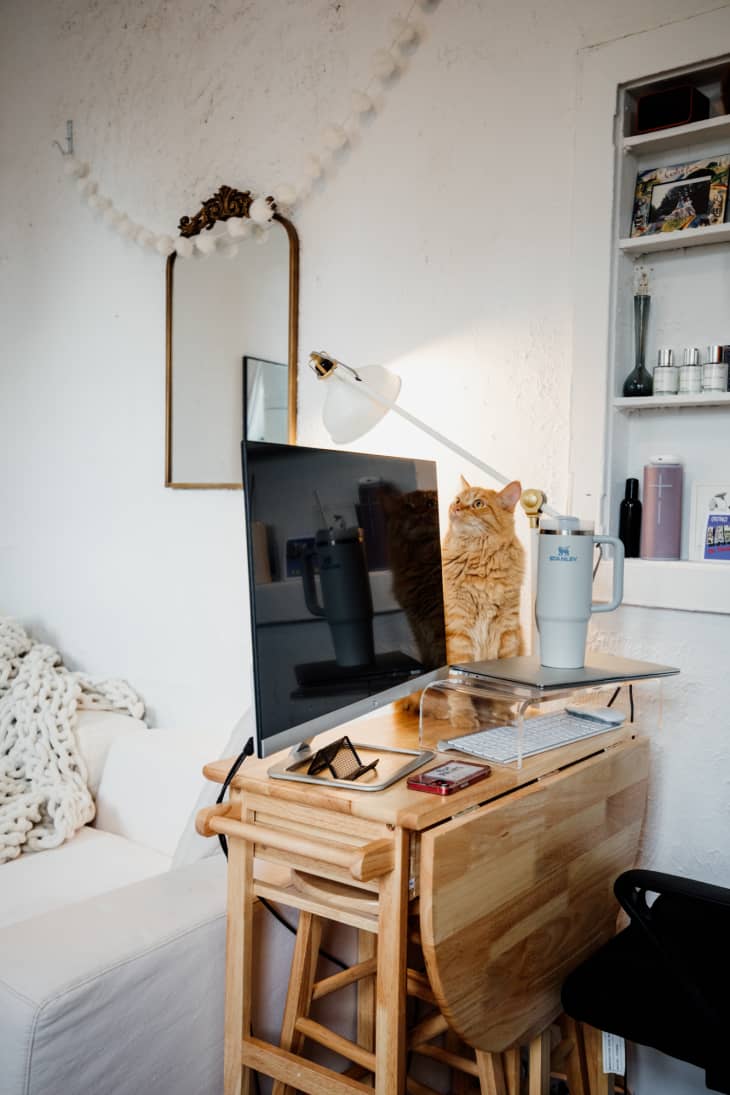 small wood fold down desk with large monitor, built in shelves with personal objects, framed mirror on wall, cat on desk