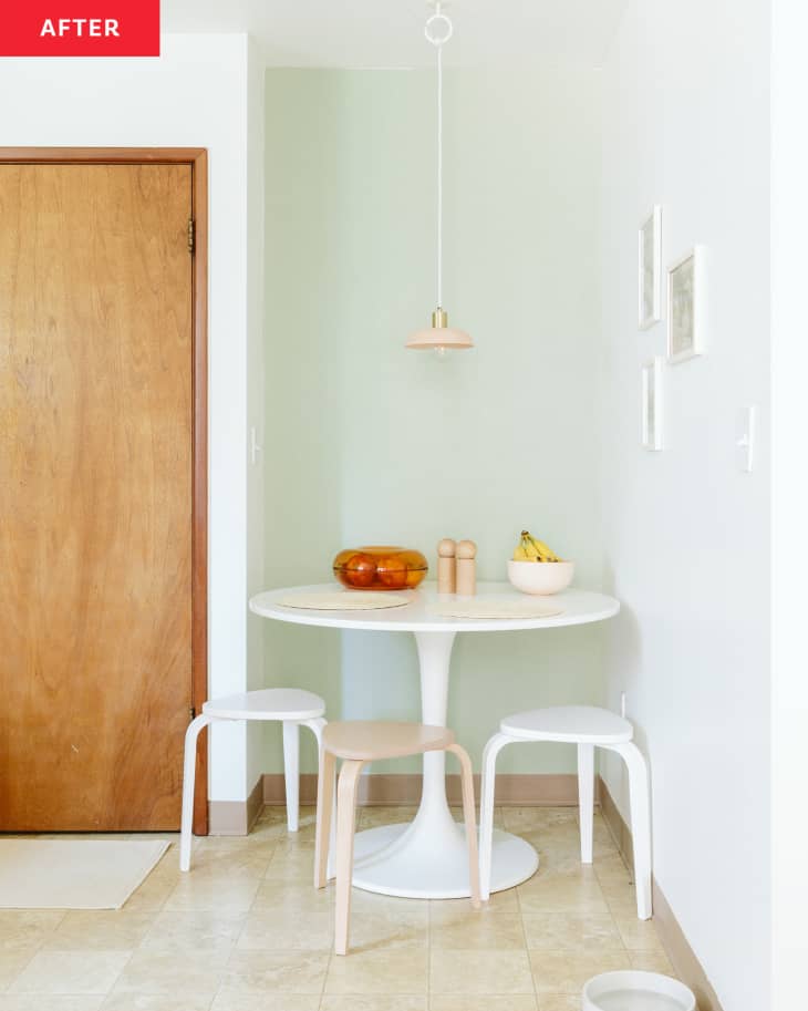 pale green dining area in kitchen after redesign