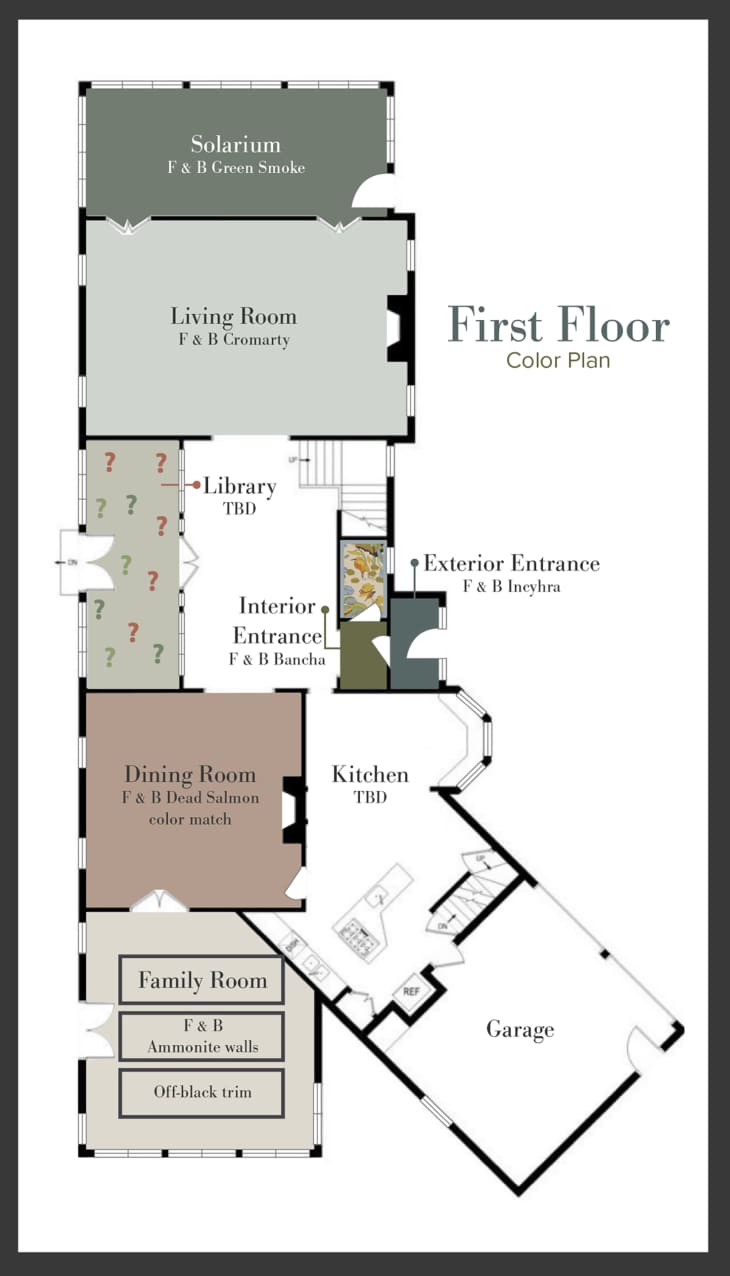 First floor, floor plan with details of colors of room.