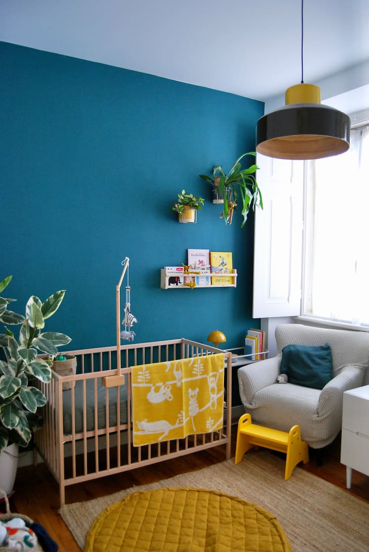 Crib view of teal nursery with plants
