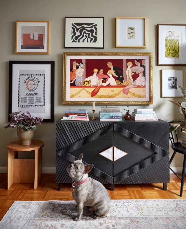 Black credenza and gallery wall with french bulldog