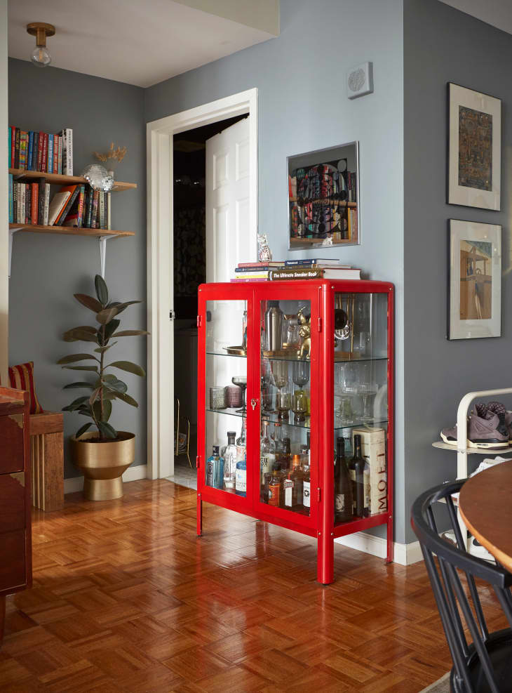 hallway with red lacquer glass liquor cabinet. gray walls. rubber plant and part of bookshelves