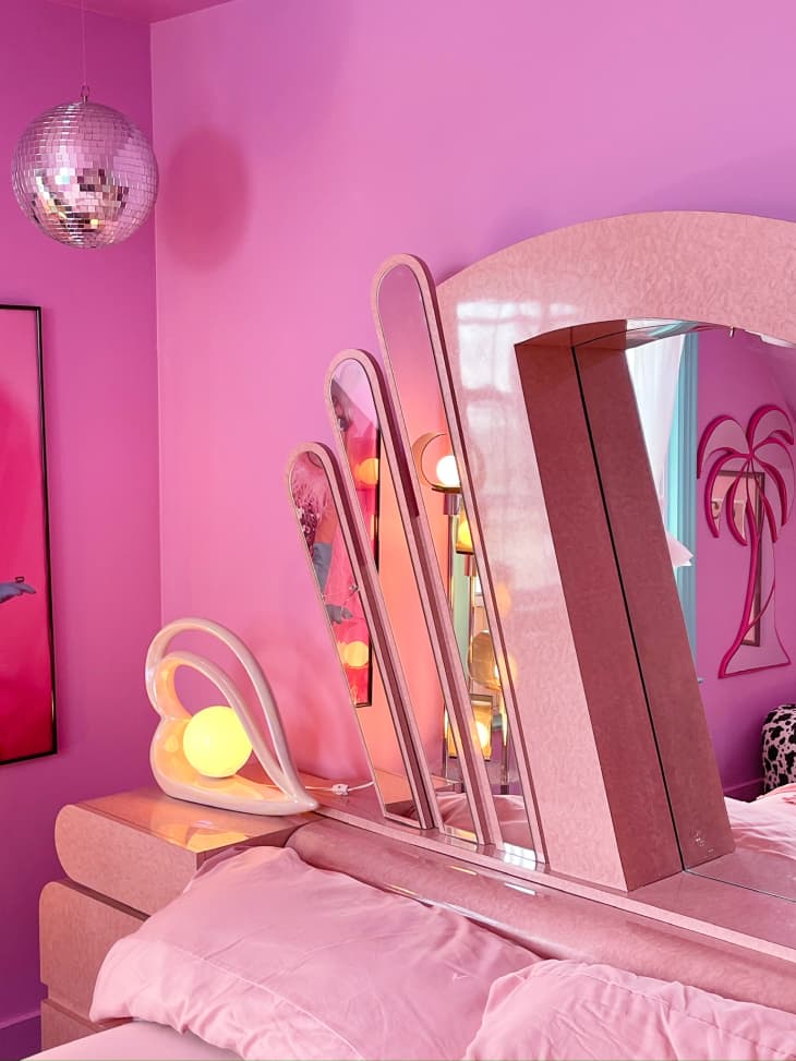 pink, monochrome, disco ball, vintage mirror headboard, shell light