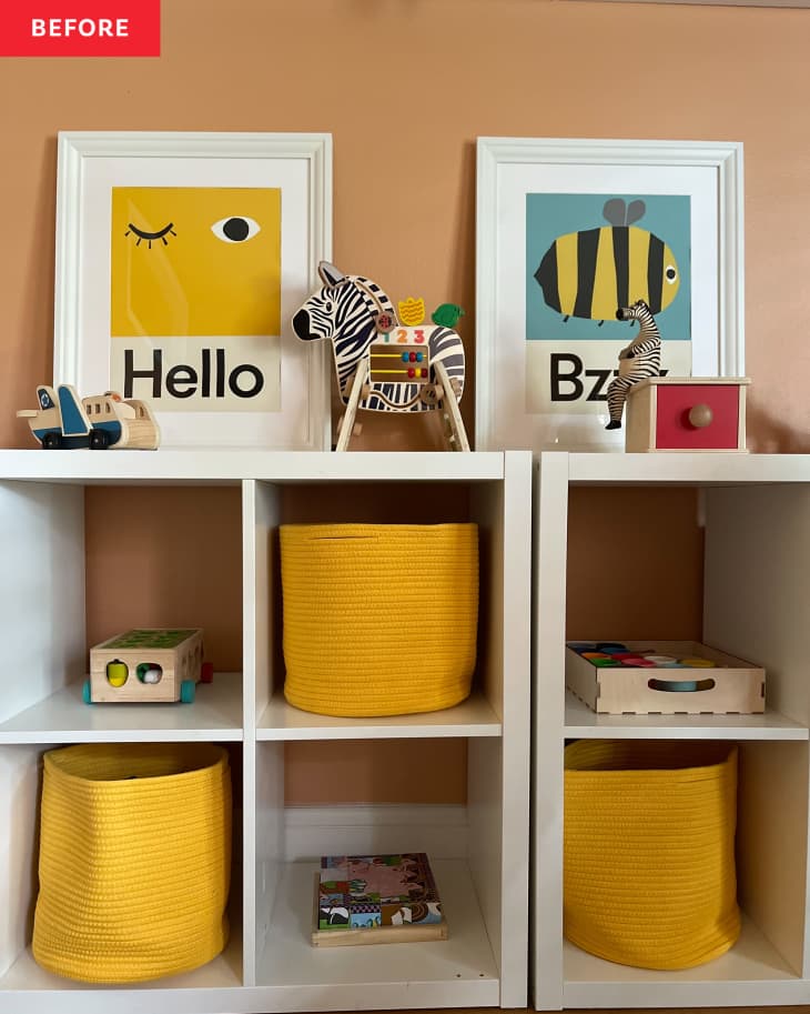White cubbies with yellows storage bins.