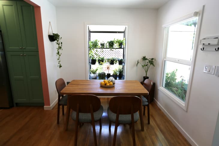 Wooden rectangular table in plant filled newly renovated dining room.