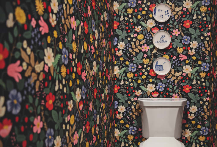 bathroom with black floral wallpaper