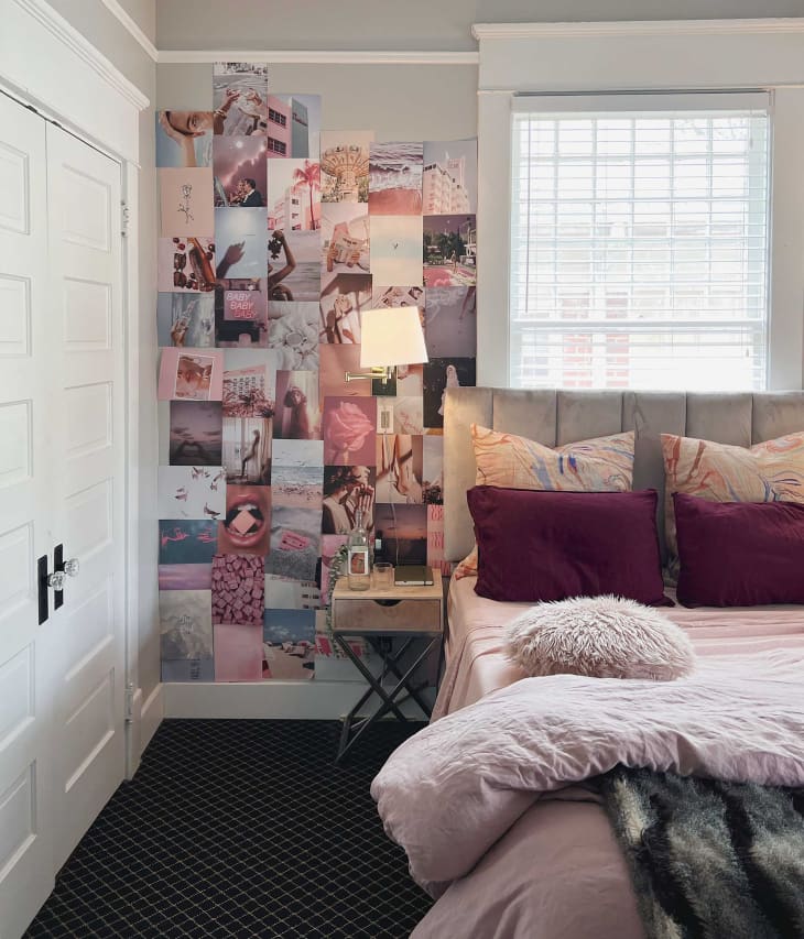 Pink photo collage on bedroom wall.
