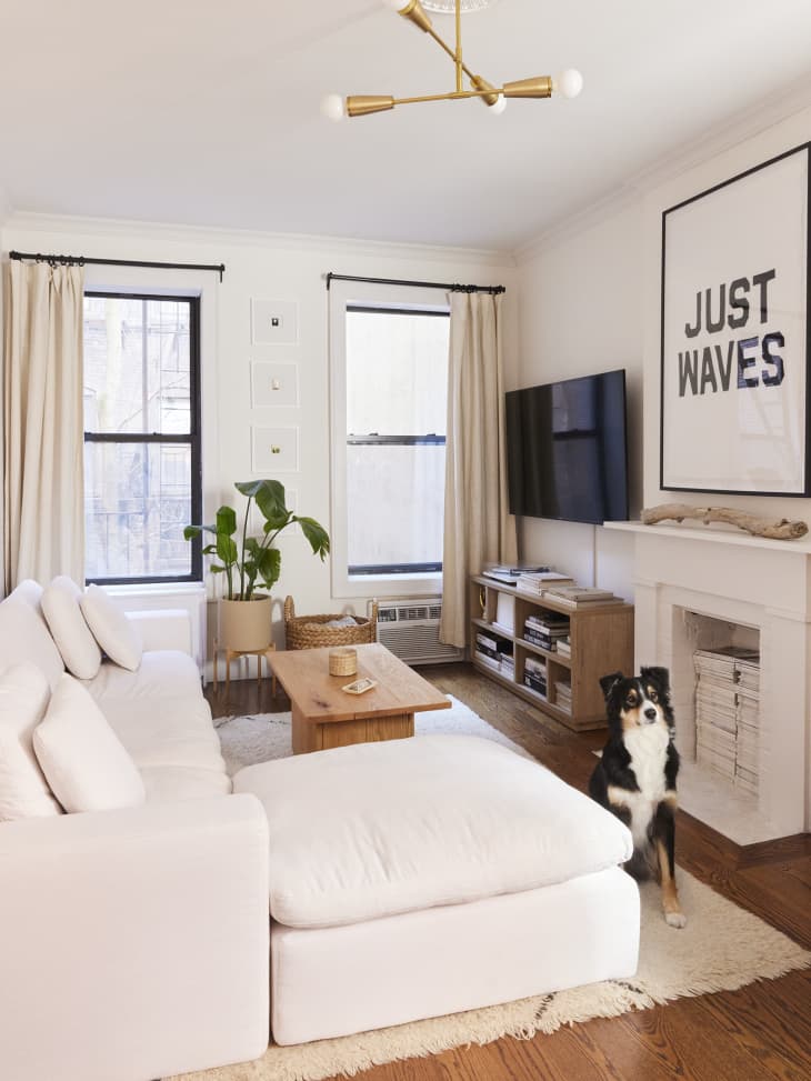 Organic modern neutral-colored West Village apartment living room with sectional sofa, coffee table, decorative fireplace, and fluffy dog sitting on the floor.