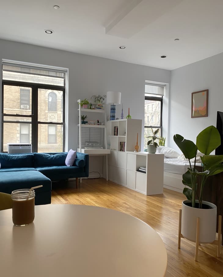 Sunny white NYC apartment with blue and other color accents, wood floor