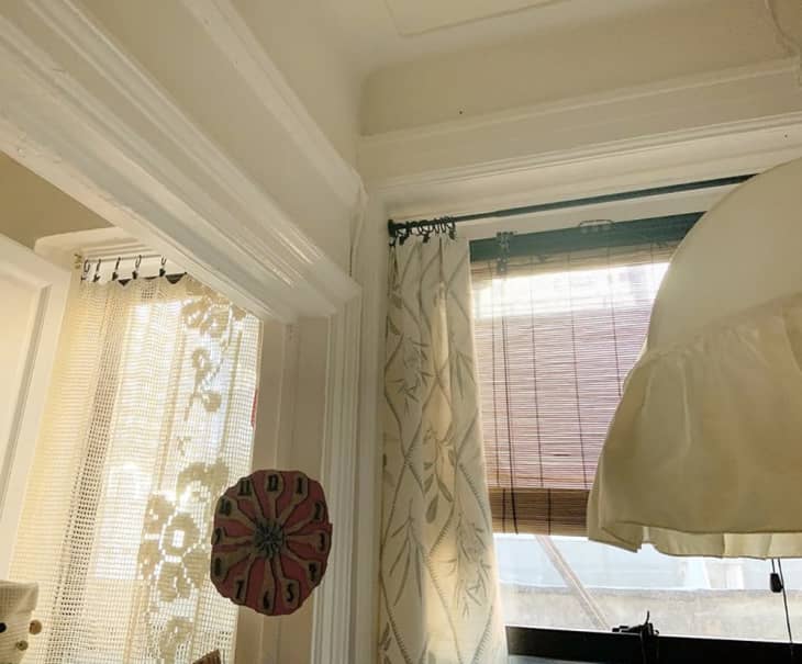 Manhattan apartment, detail of lace and patterned curtains