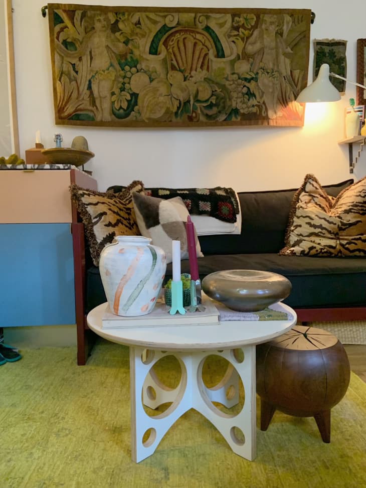 Manhattan apartment, living room, handmade art, custom coffee table