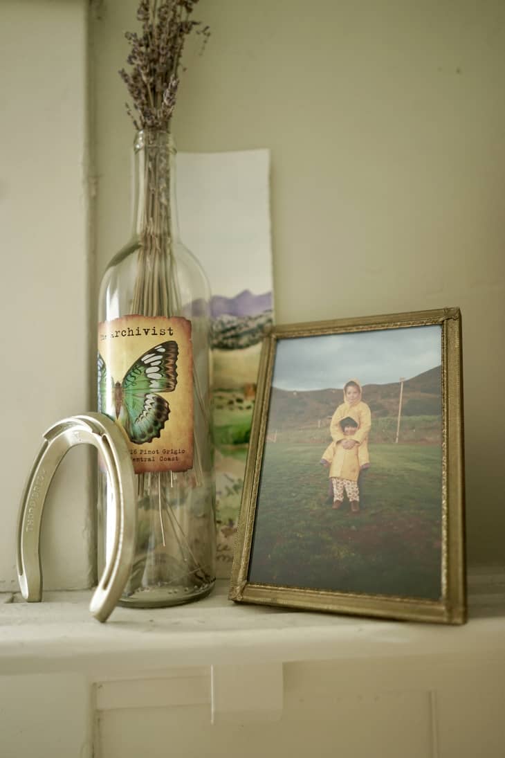 detail of bottle with dried plants, framed photo on shelf