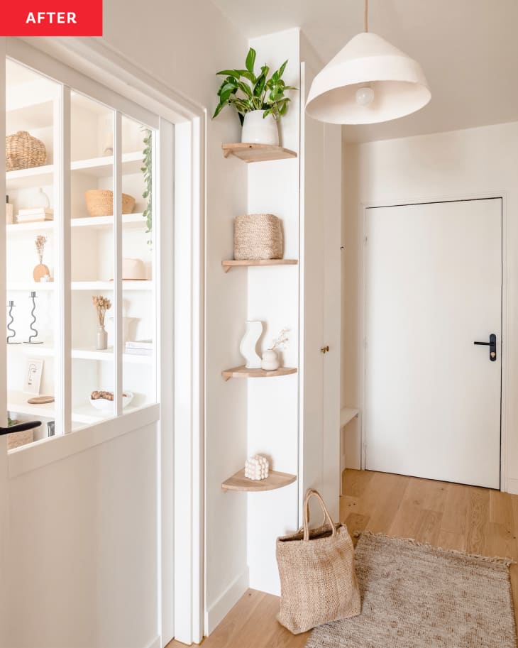 Apartment entryway after renovation. Lots of white, natural wood, natural colors
