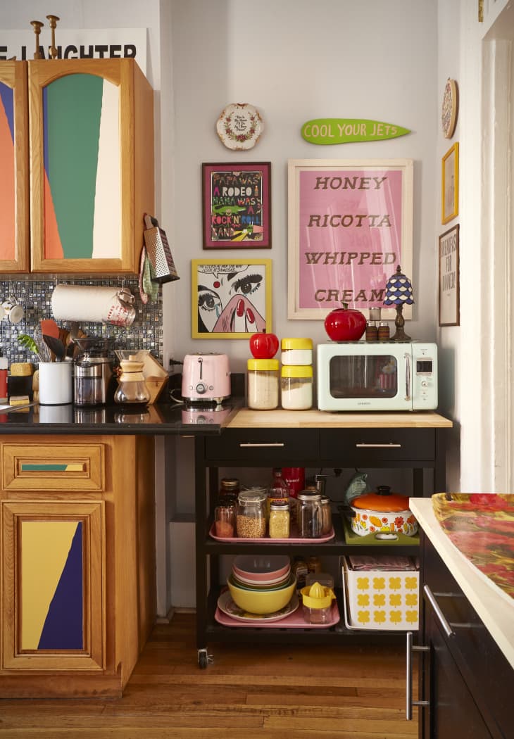 kitchen counter detail in colorful Brooklyn apartment