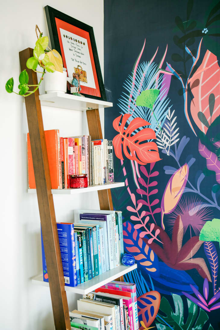 leaning bookshelf with books organized by color. Colorful mural on wall behind