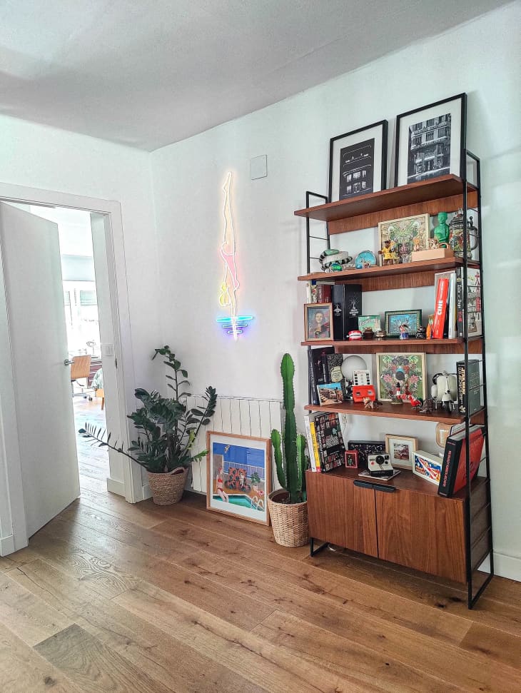 Corner of room with wood cabinet and shelves with metal frame, white walls, wood floors, plants on floor
