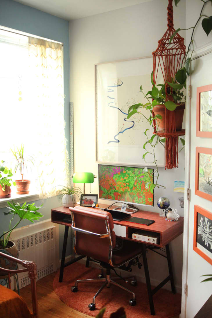 corner of room with white walls, wood desk with desk chair, hanging macrame planter with creeping pothos plant, window