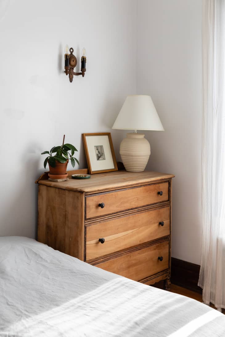 Organic modern bedroom with a natural wood dresser with a table lamp, plant, and framed art piece on top, with a sconce on the wall above.