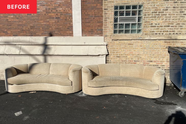 2 used beige sofas left in alley