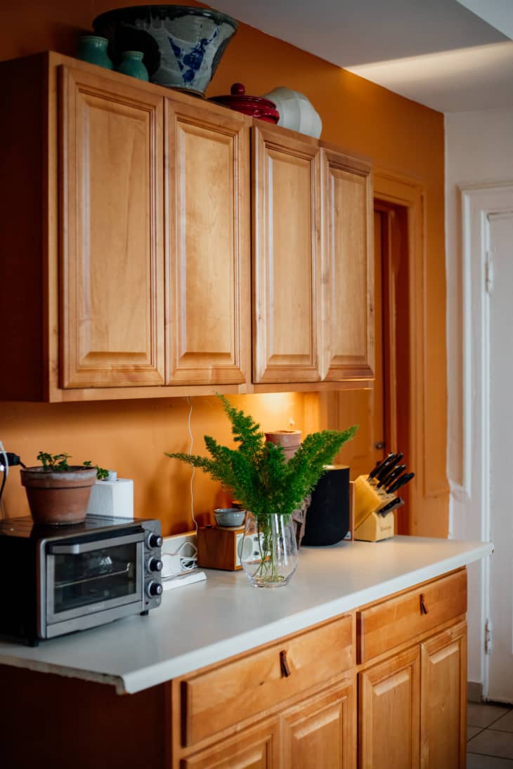 Wooden cabinets in rust painted kitchen.