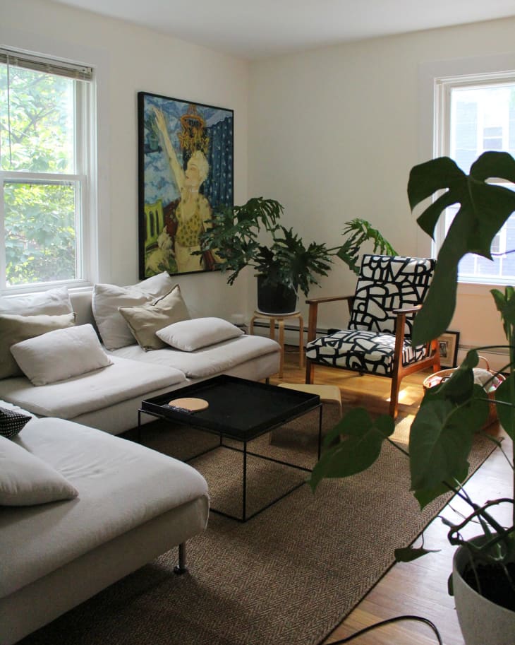 Black and white arm chair in plant filled living room.