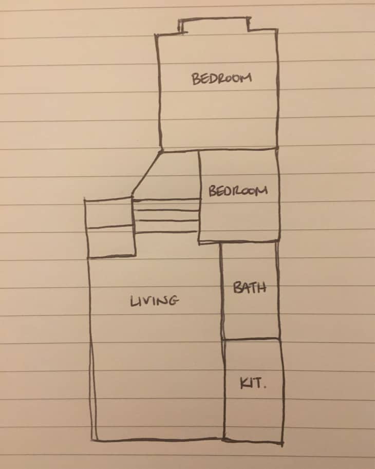 Hand drawn floor plan of two bedroom home.