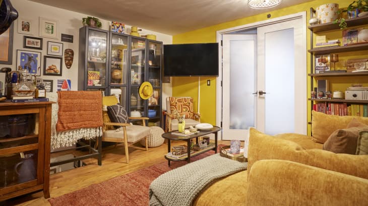 Yellow hue living room in New York apartment.