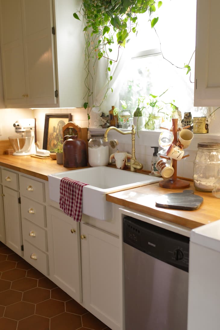 white kitchen with wood countertops, farmhouse sink, and hanging plants
