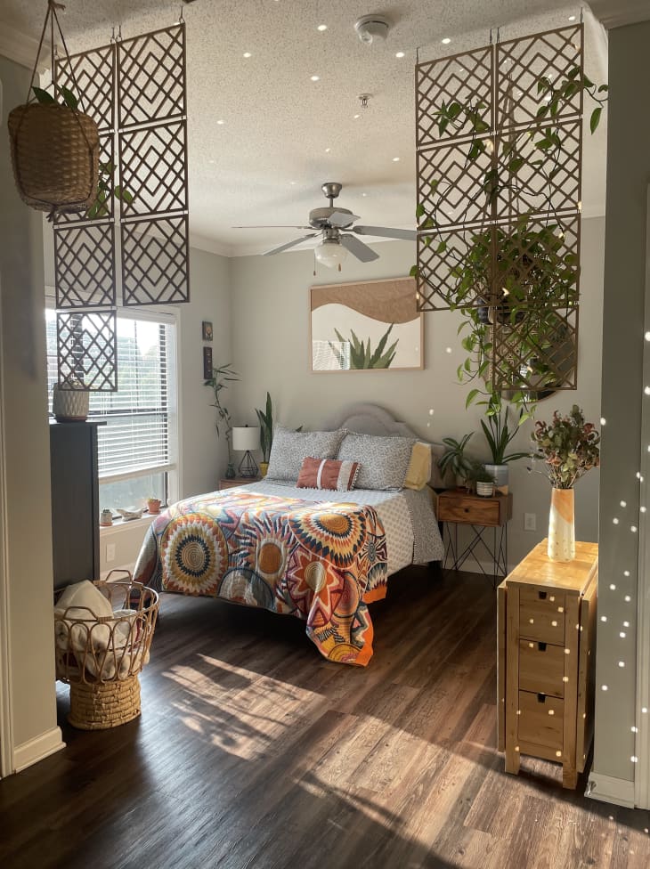 gray bedroom with decorative hanging panels, plants, and disco ball light