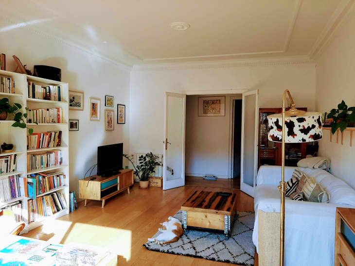 White living room with white sofa, wood floors, and large bookshelves