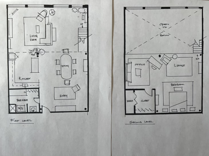 Hand drawn floor plan of loft apartment.