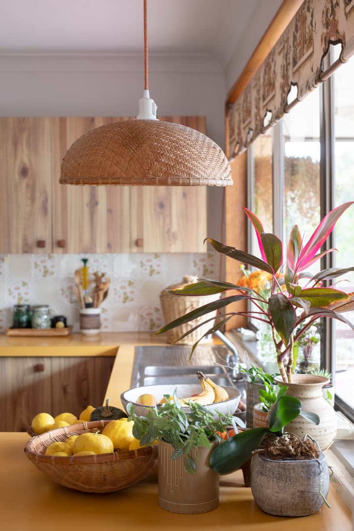 Wicker pendant lamp hangs over plant lined kitchen countertop.