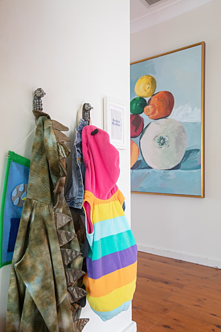 detail of colorful clothes on seahorse hooks in hall or entryway