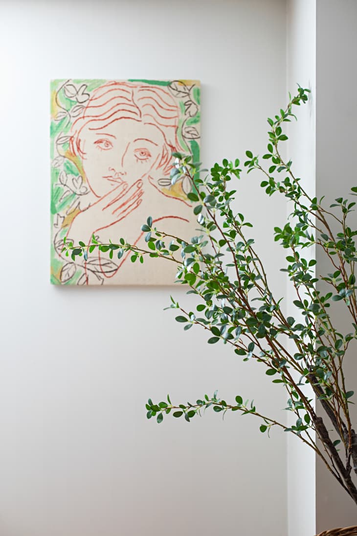 painting on white wall next to plant