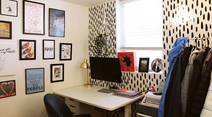 Home desk/workspace with black and white wallpaper accent wall