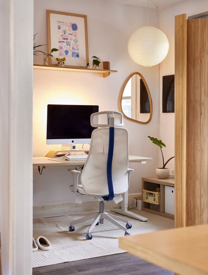 white desk/workspace area with wood accents