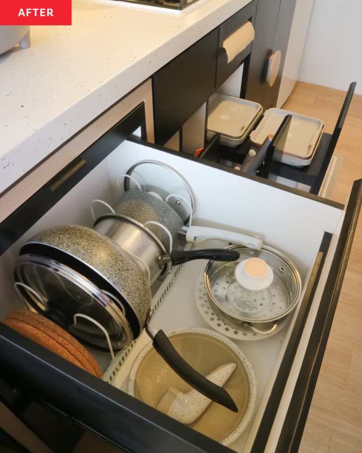 Kitchen after remodel: open drawers showing organization