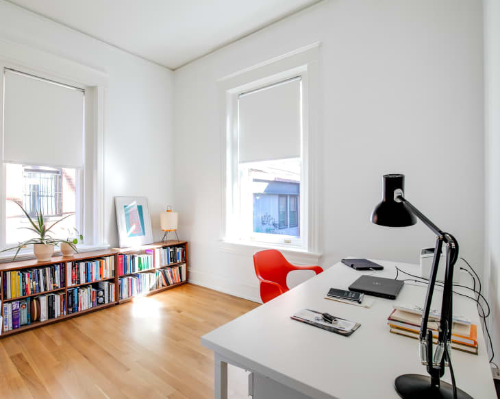 Bright white minimalist home office.