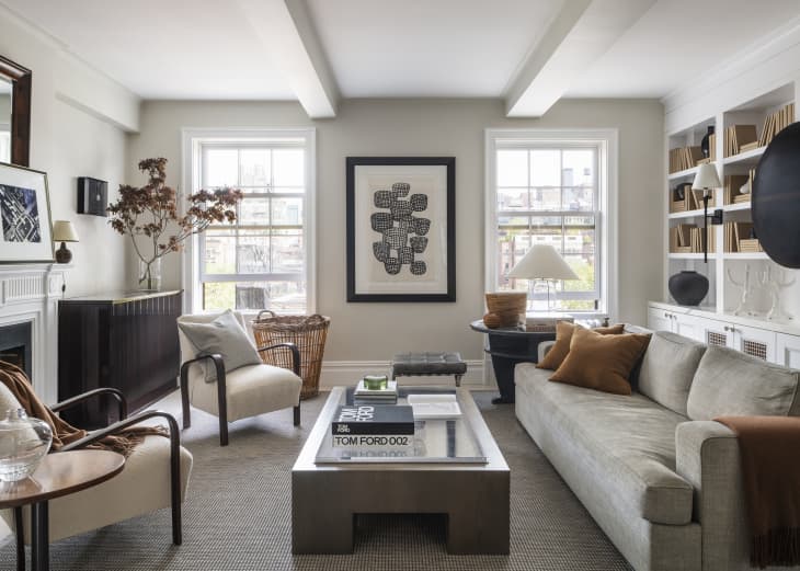 pale gray living room with gray sofa, built in bookshelves, black and neutral accents